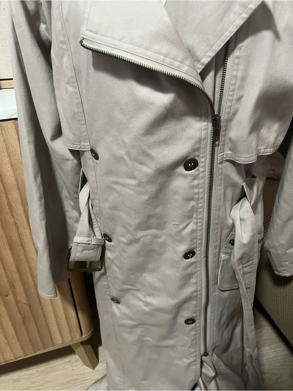 Vintage TOGETHER! Asymmetric Zipper Trench Coat - Khaki / Tan - Petite 2 Classic